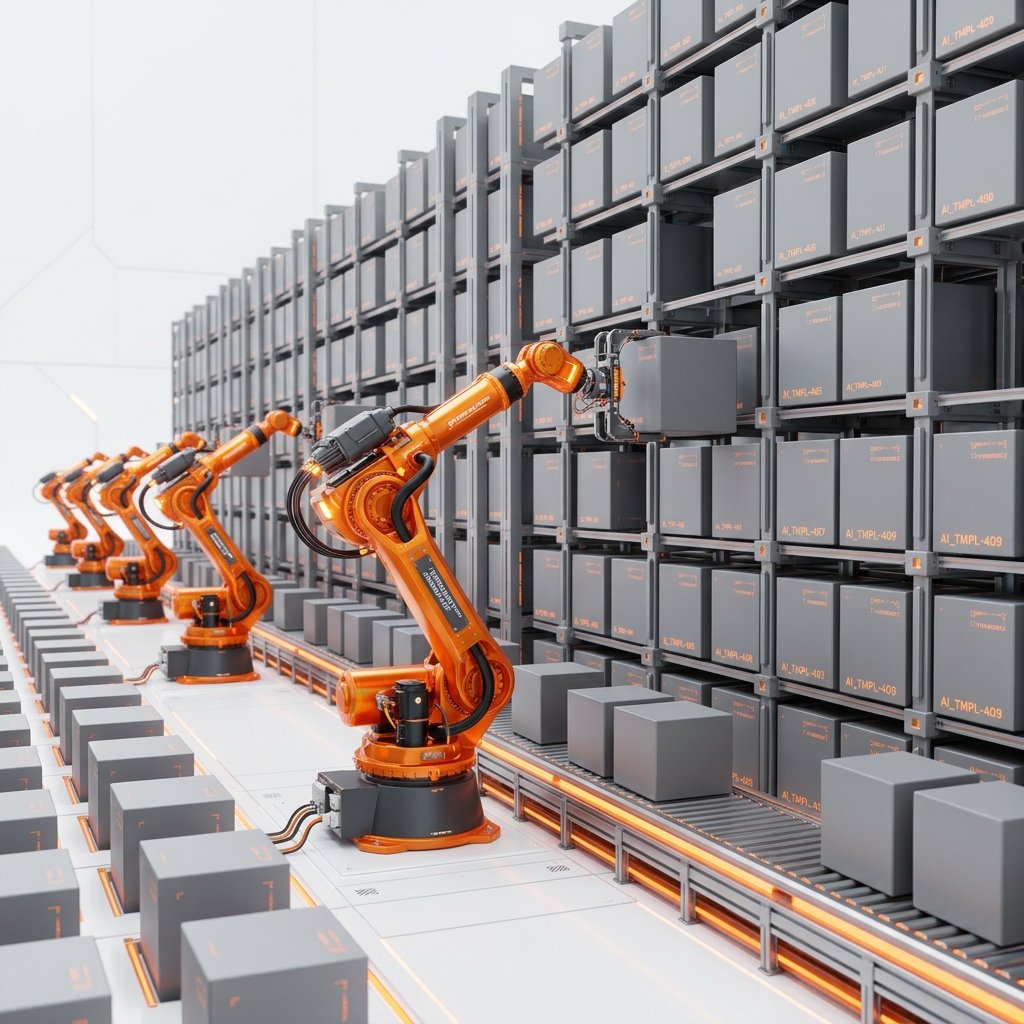 Robotic arm assembling generic layout blocks with balance meter warnings