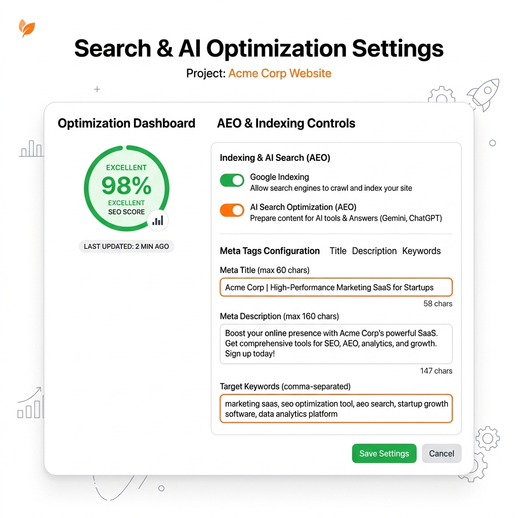 SEO & AEO settings panel mockup